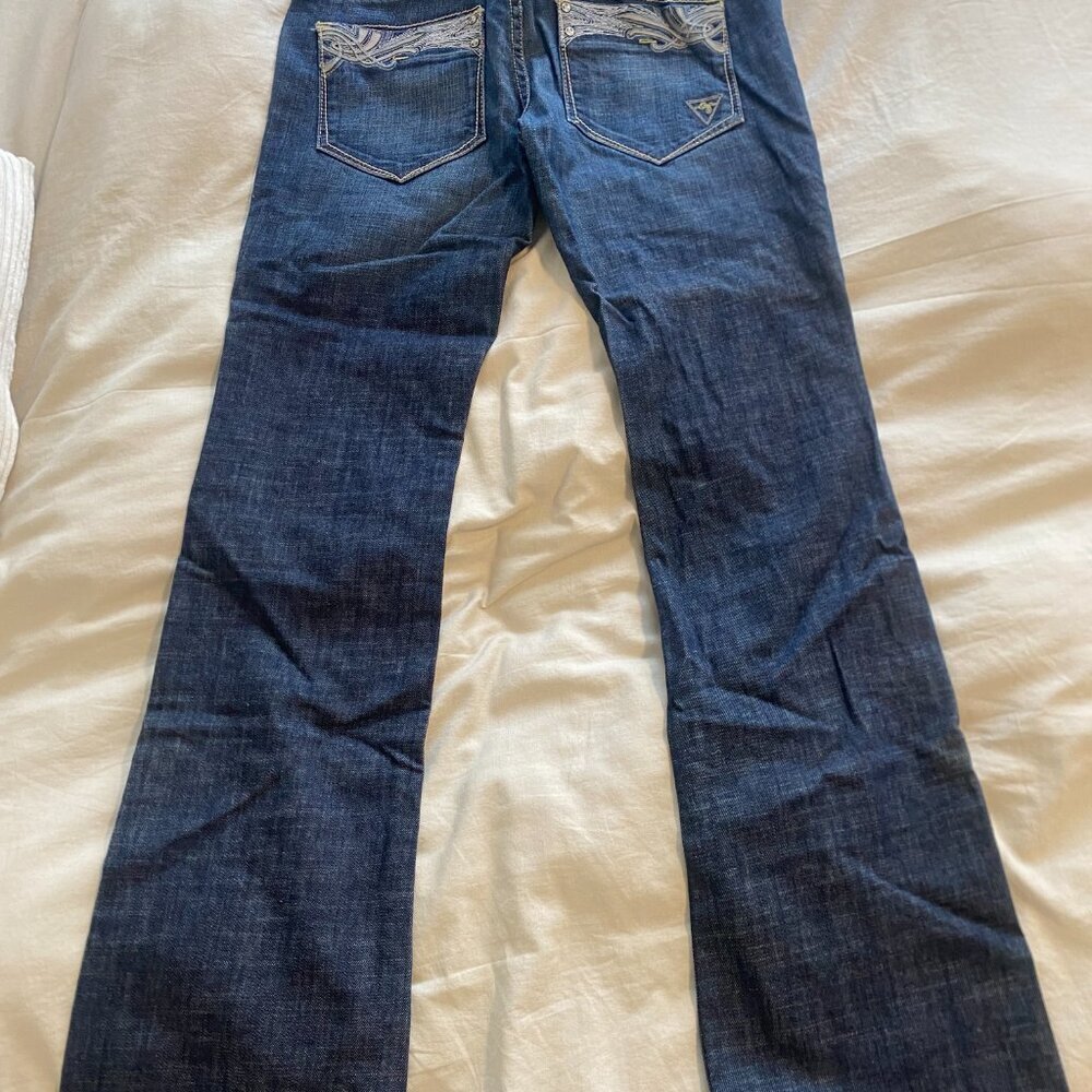 Vtg Guess Premium Y2K Denim Flare Leg Dark Wash Mid Rise Low Rise Jeans Size 31 - Picture 8 of 16